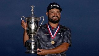 JJ Spaun victorious at the US Open is pictured with the trophy following the Final Round at Oakmont Country Club. Oakmont,