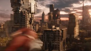 Shazam flies past some rotating buildings in Shazam! Fury of the Gods