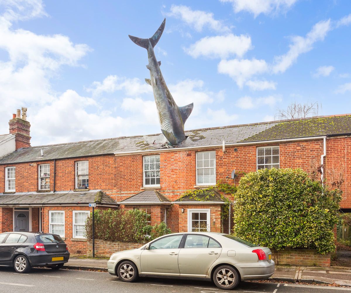 A brick house with a large fake shark sticking out the roof
