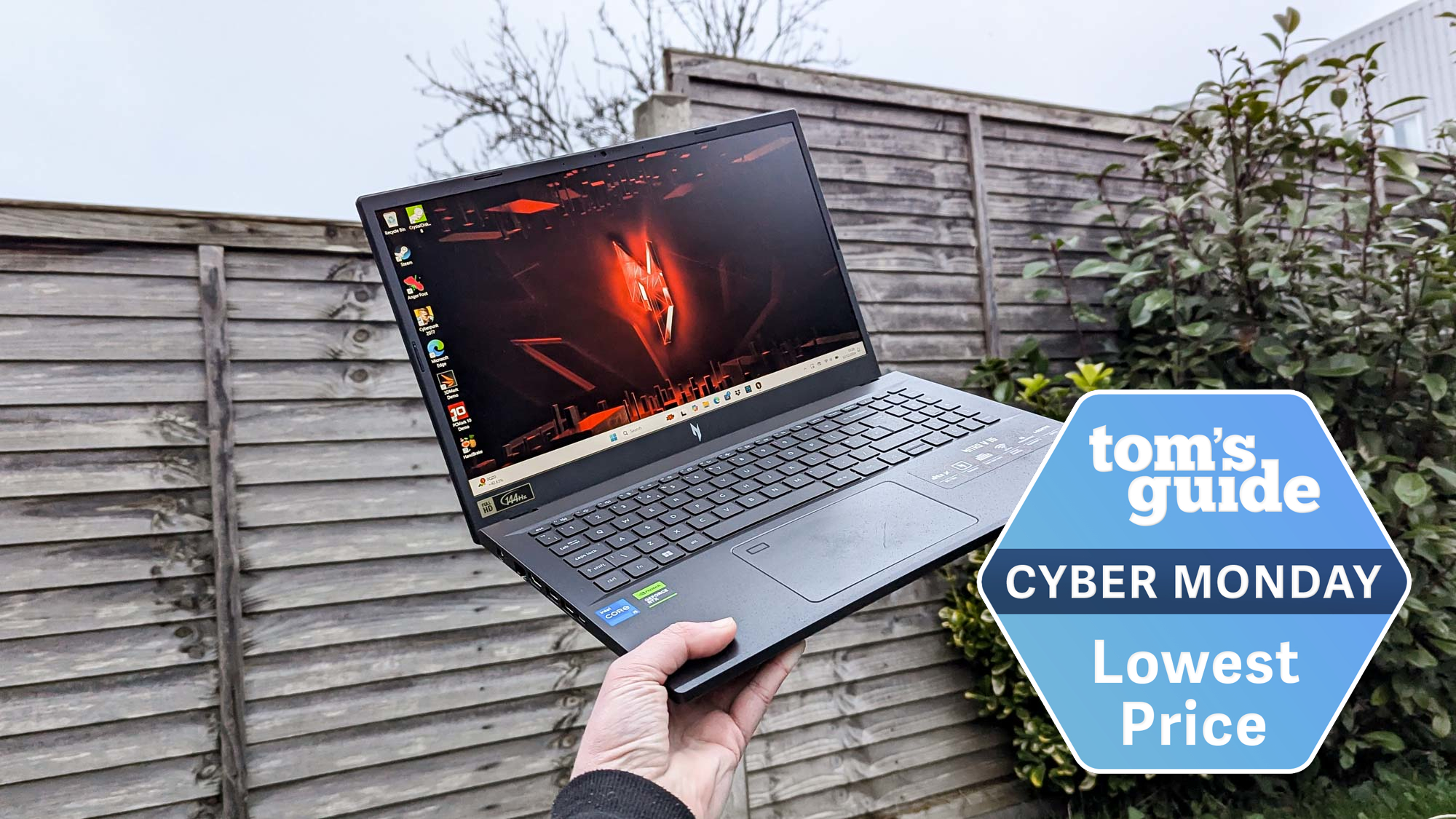 Acer Nitro V gaming laptop with a Tom's Guide Cyber Monday deals badge