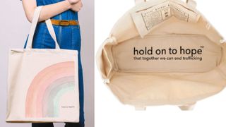 composite of outside and inside of tote bag with rainbow and slogan