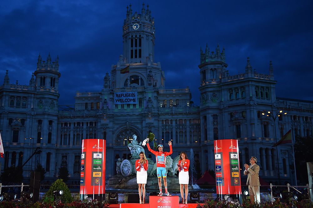 Fabio Aru on the final Vuelta podium in Madrid.