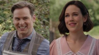 Mike and Elizabeth smiling in When Calls the Heart.