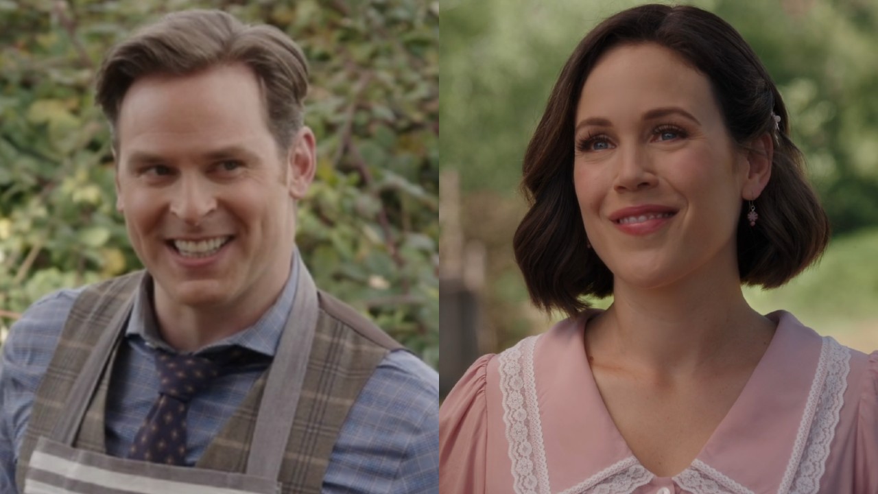 Mike and Elizabeth smiling in When Calls the Heart.