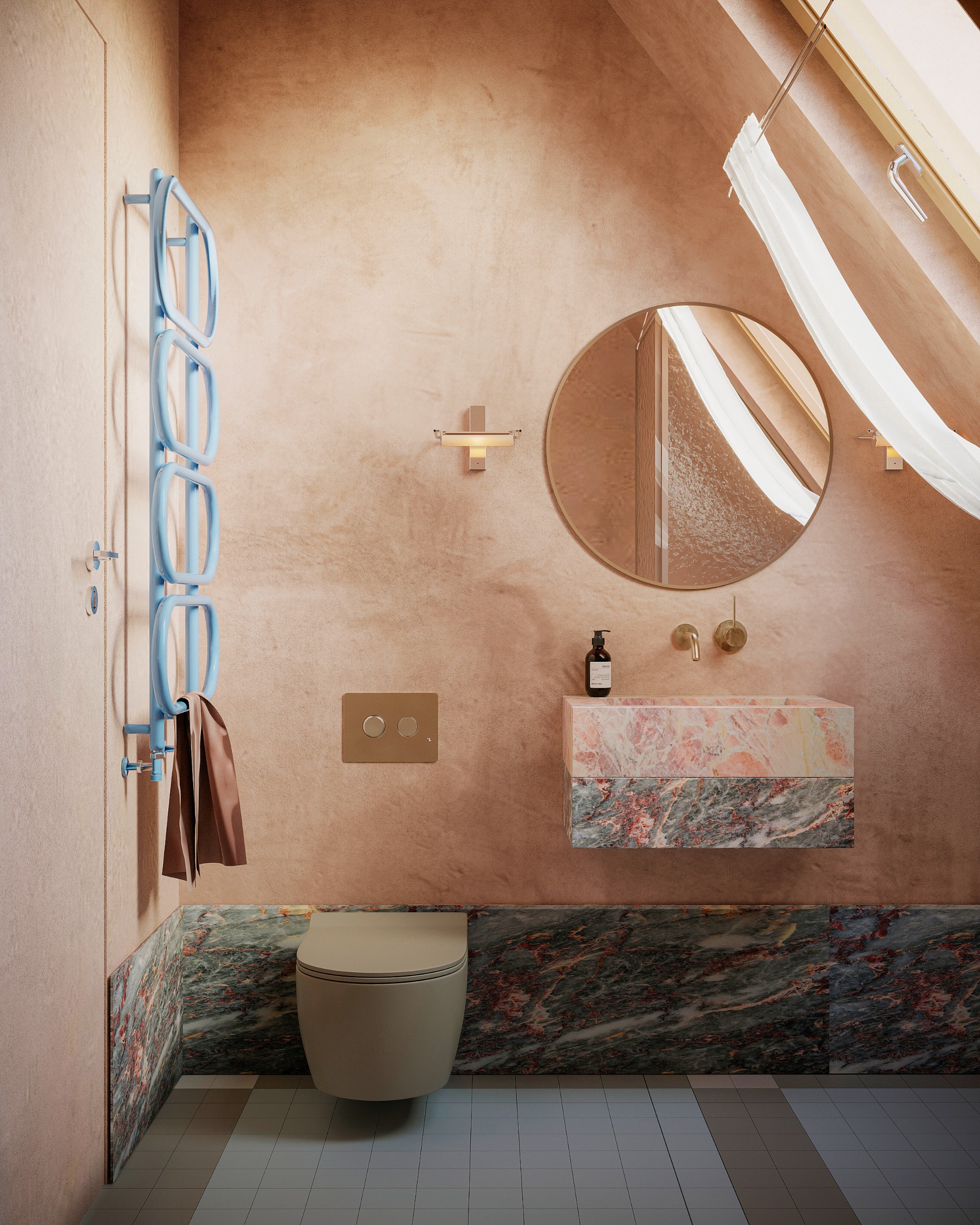 Plaster pink bathroom with blue stone accents and pale blue sculptural heated towel rail