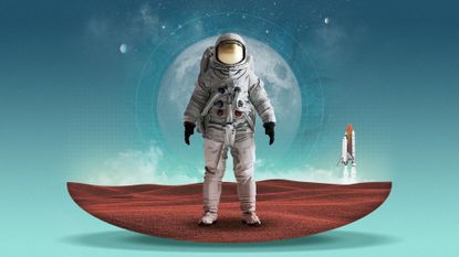Illustration of an astronaut standing on a colourful landscape with the moon rising in the background