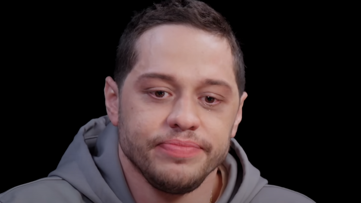 A single tear escapes Pete Davidson&#039;s eye on Hot Ones.