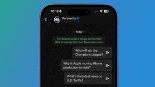 An iPhone on a blue background showing Perplexity in WhatsApp