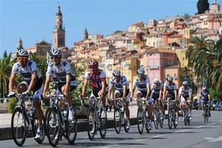 Fabien Cancellara (L) and Andy Schleck lead their Saxo Bank teammates on a ride in Monaco.