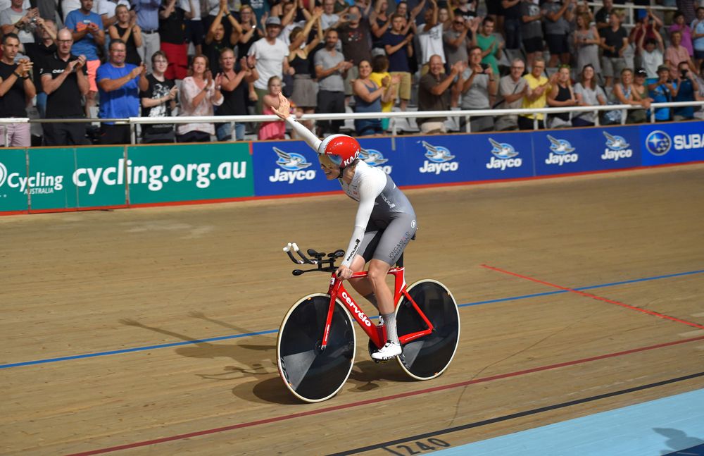 Bridie O'Donnell celebrates setting the new Hour Record in Adelaide