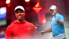 Tiger Woods smiles during a TGL match (left) and Lee Westwood puts his thumb up towards the crowd with a This Week In Golf sticker in the middle of them