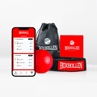 An iPhone with the Boxbollen app on it next to a red ball and black drawstring bag