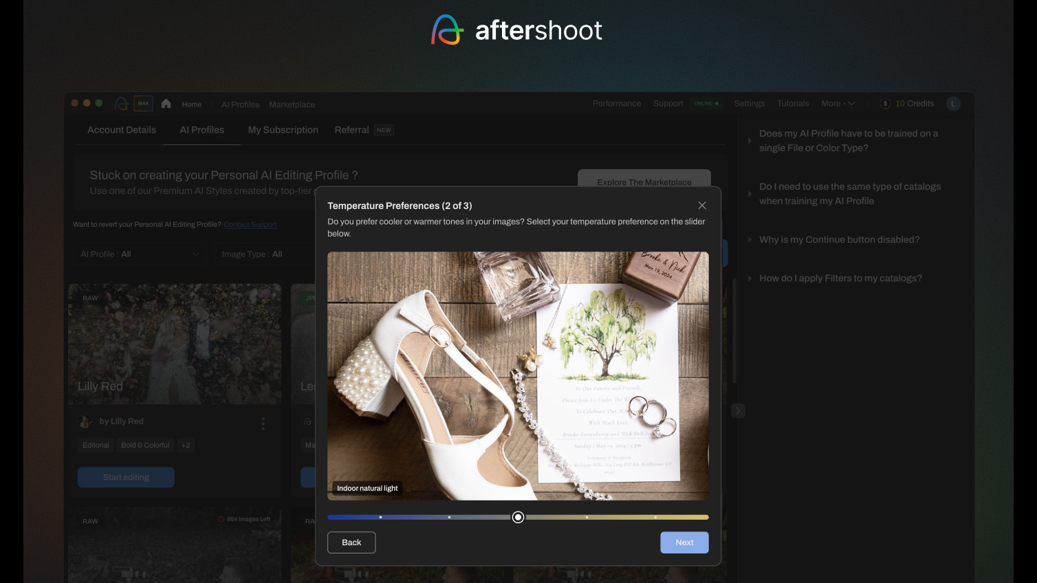 Aftershoot screenshot showing how to create an Instant AI Profile