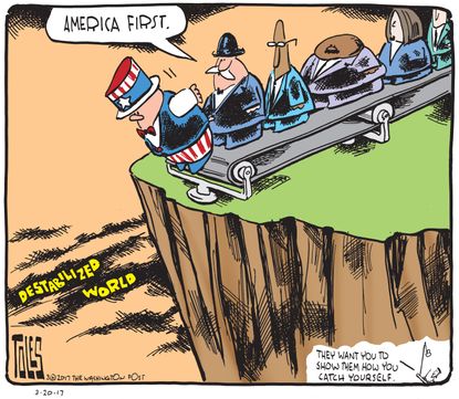 Political Cartoon U.S. America first destabilized world falling apart