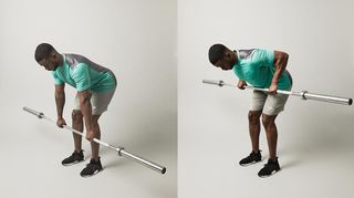 Man demonstrates two positions of the bent-over row using an empty Olympic barbell