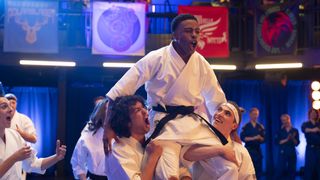 Jacob Bertrand as Eli 'Hawk' Moskowitz, Xolo Maridueña as Miguel Diaz, Dallas Dupree Young as Kenny, Tanner Buchanan as Robby Keene in Cobra Kai