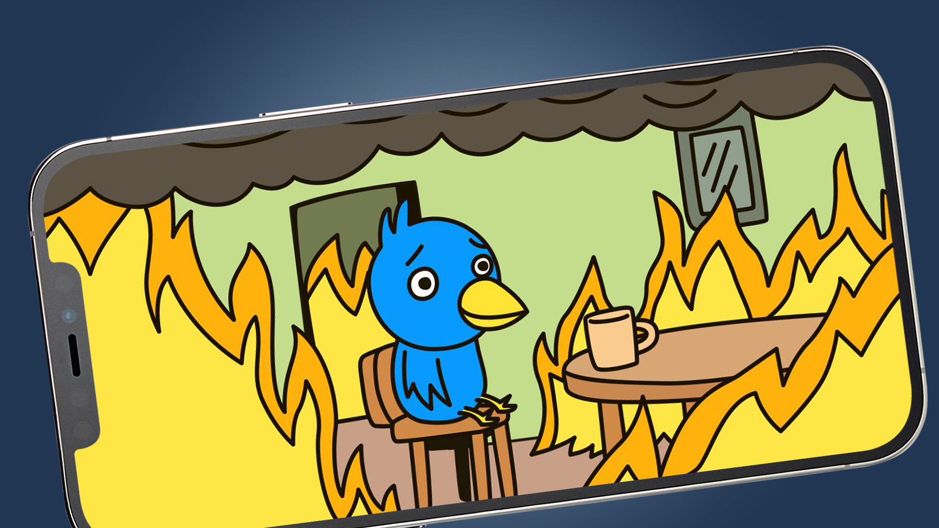A phone screen showing a Twitter cartoon made by Twitterific of a bird sitting in a house surrounded by flames