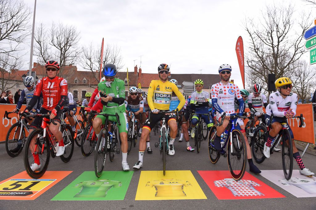 The riders line-up for stage 5 in Gannat