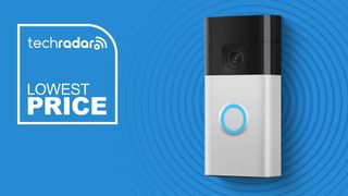 Ring Battery Doorbell in white on blue background with TechRadar lowest price text