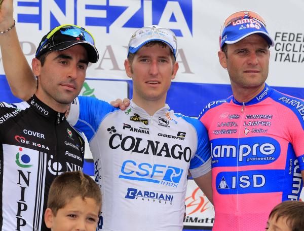Sacha Modolo (Colnago-CSF) flanked by Maximiliano Richeze (Team Nippo) and Alessandro Petacchi (Lampre-ISD) on the podium.