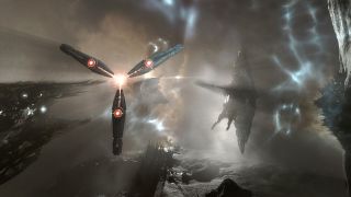 Spaceships flying through a nebula in EVE Online.