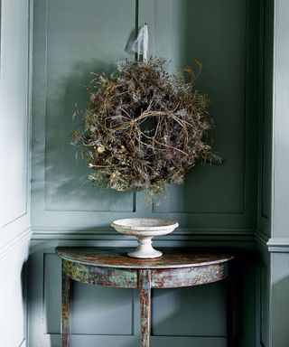 Winter living room with festive wreath