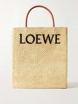 Leather-Trimmed Embroidered Raffia Tote