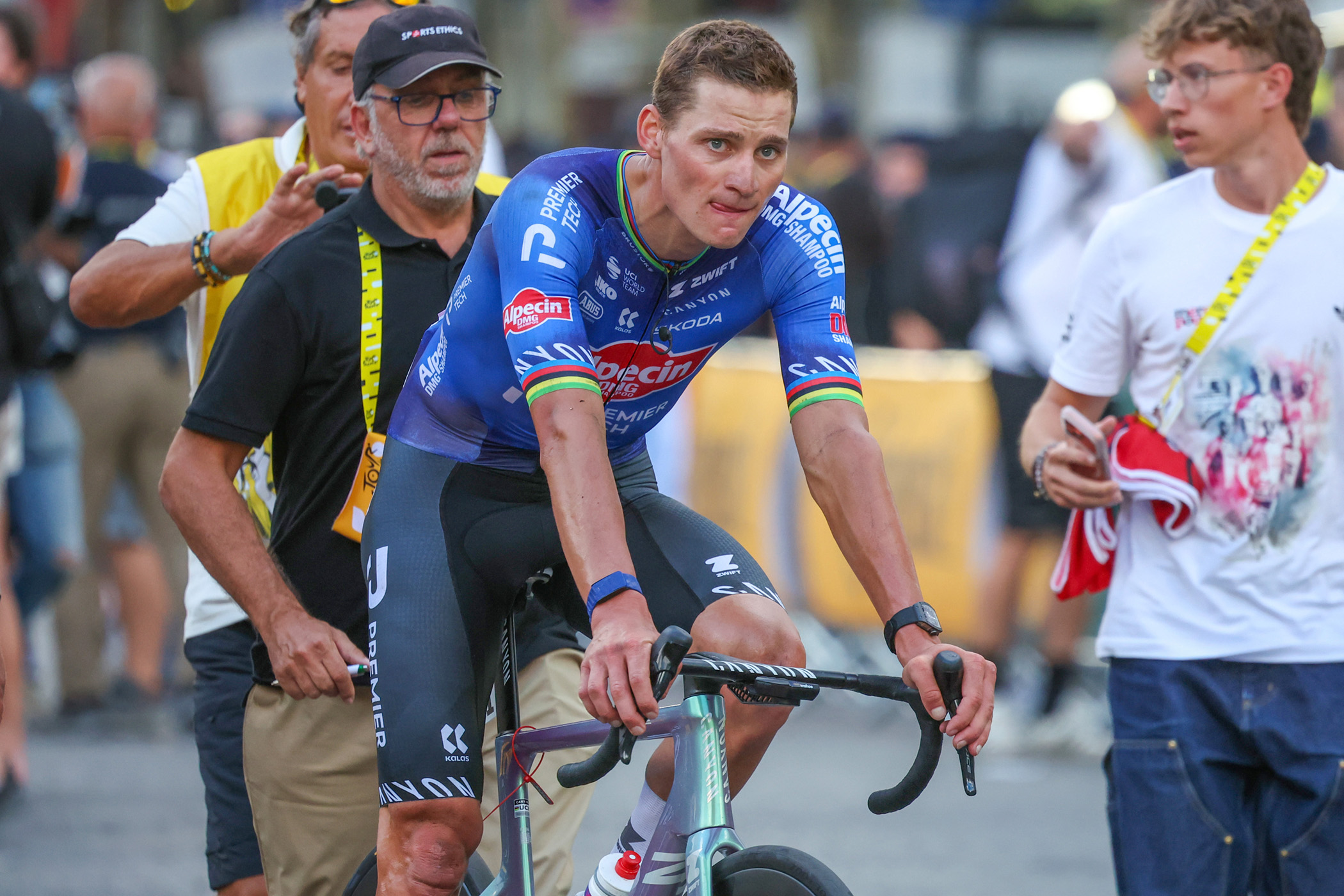 Mathieu van der Poel rides to the podium after winning stage 21 of the 2026 Tour de France in Paris