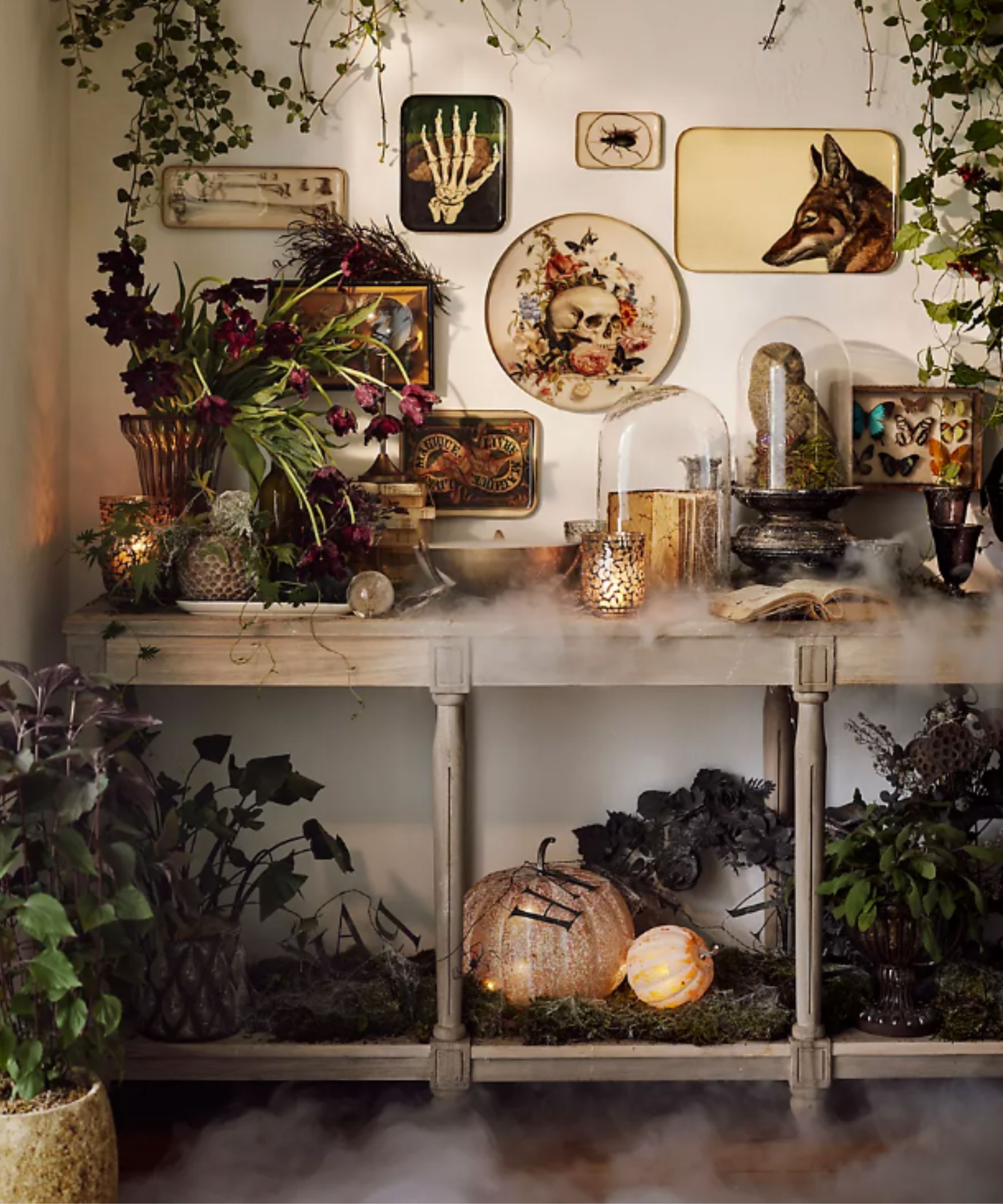 Console table styled with Halloween decor, greenery and glass cloches