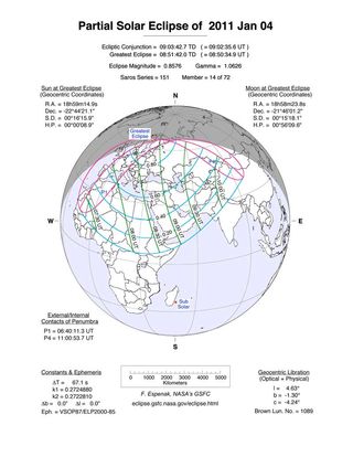 This NASA map depicts the path of the partial solar eclipse to occur on Jan. 4, 2011. Skywatchers in Sweden will get the best view of the partial solar eclipse, NASA says. Credit: NASA