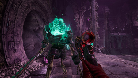 A monster made of glowing skulls has a brinrevolver aimed at it in Abyssus.