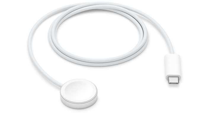 A white Apple Watch Magnetic Fast Charger against a white background