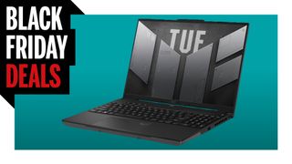 Open Asus gaming laptop on turquoise background with Black Friday Deals logo