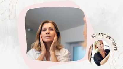 woman looking in mirror next to headshot of Caroline Barnes with 'expert insights' badge
