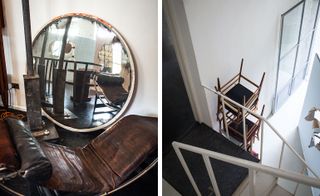 The photo to the left shows a round mirror and a brown leather lounge chair. The photo to the right shows a white staircase with wooden chairs stacked on top of the other.