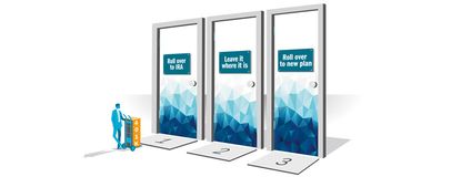 Graphic of a man standing in front of three doors representing different options