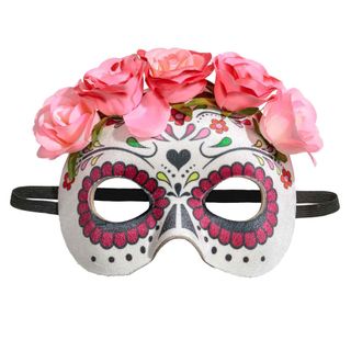 fancy dress halloween mask with black lace and pink flower