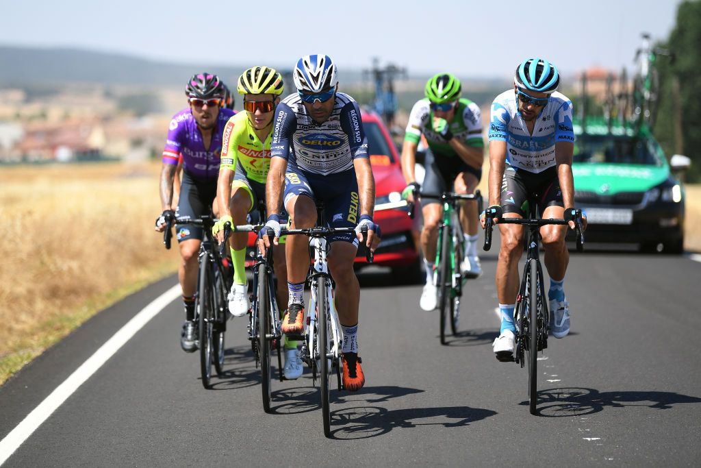 LAGUNAS DE NEILA SPAIN AUGUST 01 Mauro Finetto of Italy and Team Nippo Delko Provence Daniel Navarro Garcia of Spain and Team Israel StartUp Nation Breakaway during the 42nd Vuelta a Burgos 2020 Stage 5 a 158km stage from Covarrubias to Lagunas de Neila 1872m VueltaBurgos on August 01 2020 in Lagunas de Neila Spain Photo by David RamosGetty Images