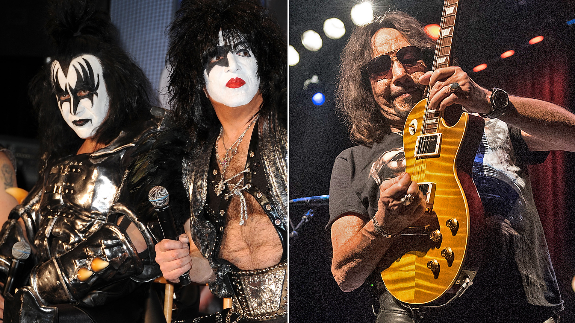 LEFT: Gene Simmons and Paul Stanley attends the "Kiss, Motley Crue: The Tour" Press Conference at Hollywood Roosevelt Hotel on March 20, 2012 in Hollywood, California. RIGHT: Ace Frehley performs live in concert at Bergen Performing Arts Center on February 3, 2018 in Englewood, New Jersey. 