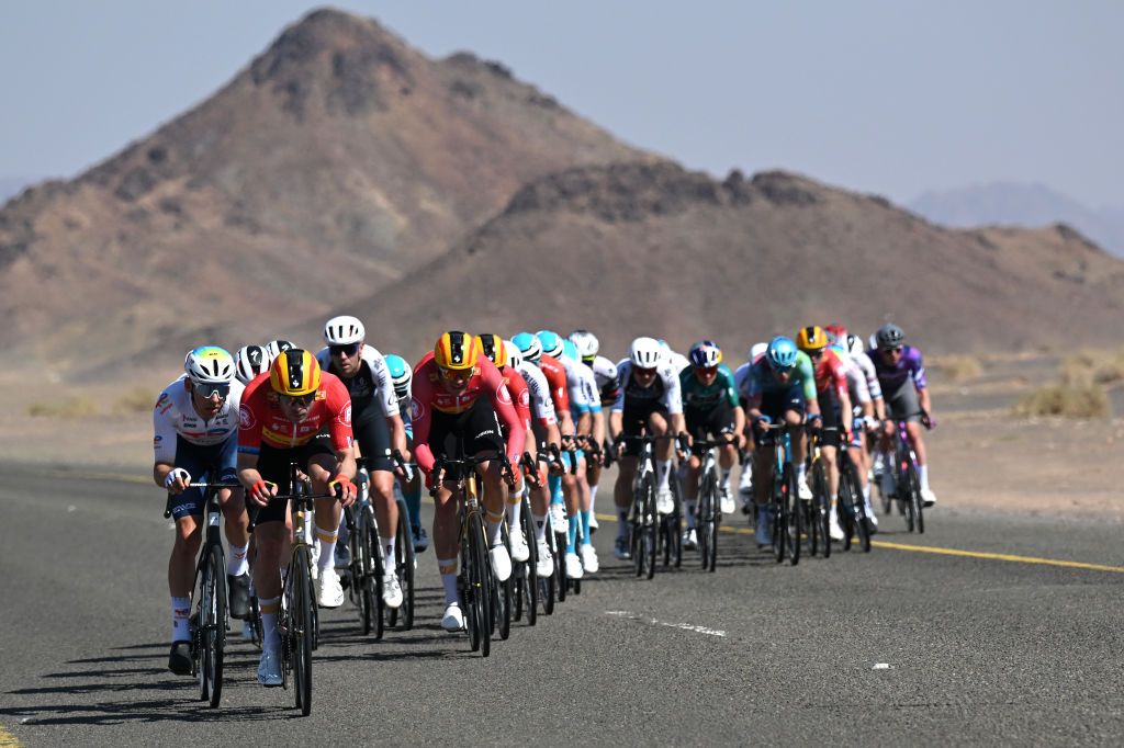 ALULA CAMEL CUP TRACK SAUDI ARABIA FEBRUARY 01 Alexander Kristoff of Norway and Team UnoX Mobility L leads the attack during the 5th AlUla Tour 2025 Stage 5 a 1696km stage from AlUla Camel Cup Track to AlUla Camel Cup Track on February 01 2025 in AlUla Saudi Arabia Photo by Szymon GruchalskiGetty Images