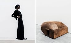 Rick Owens x Birkenstock black dress, sandals and Owenscorp sculpture