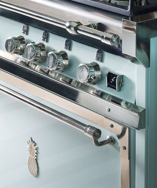 Detail of a turquoise cooking range with pineapples embossed onto nickel knobs