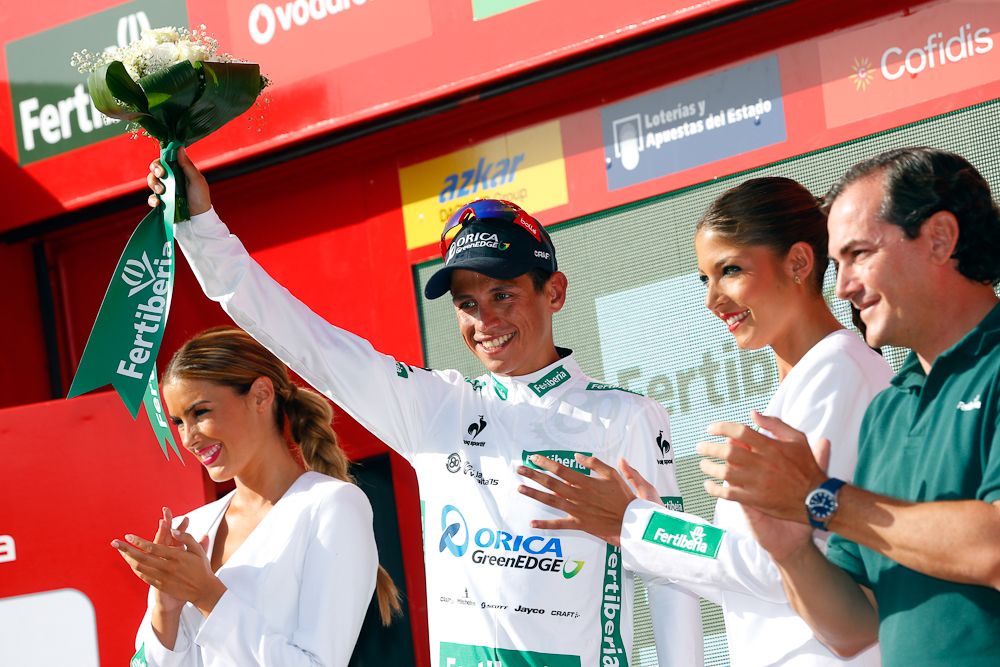 Esteban Chaves in the Vuelta's white jersey.