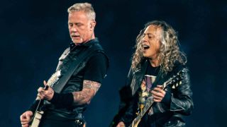 Metallica’s James Hetfield and Kirk Hammett playing guitars onstage