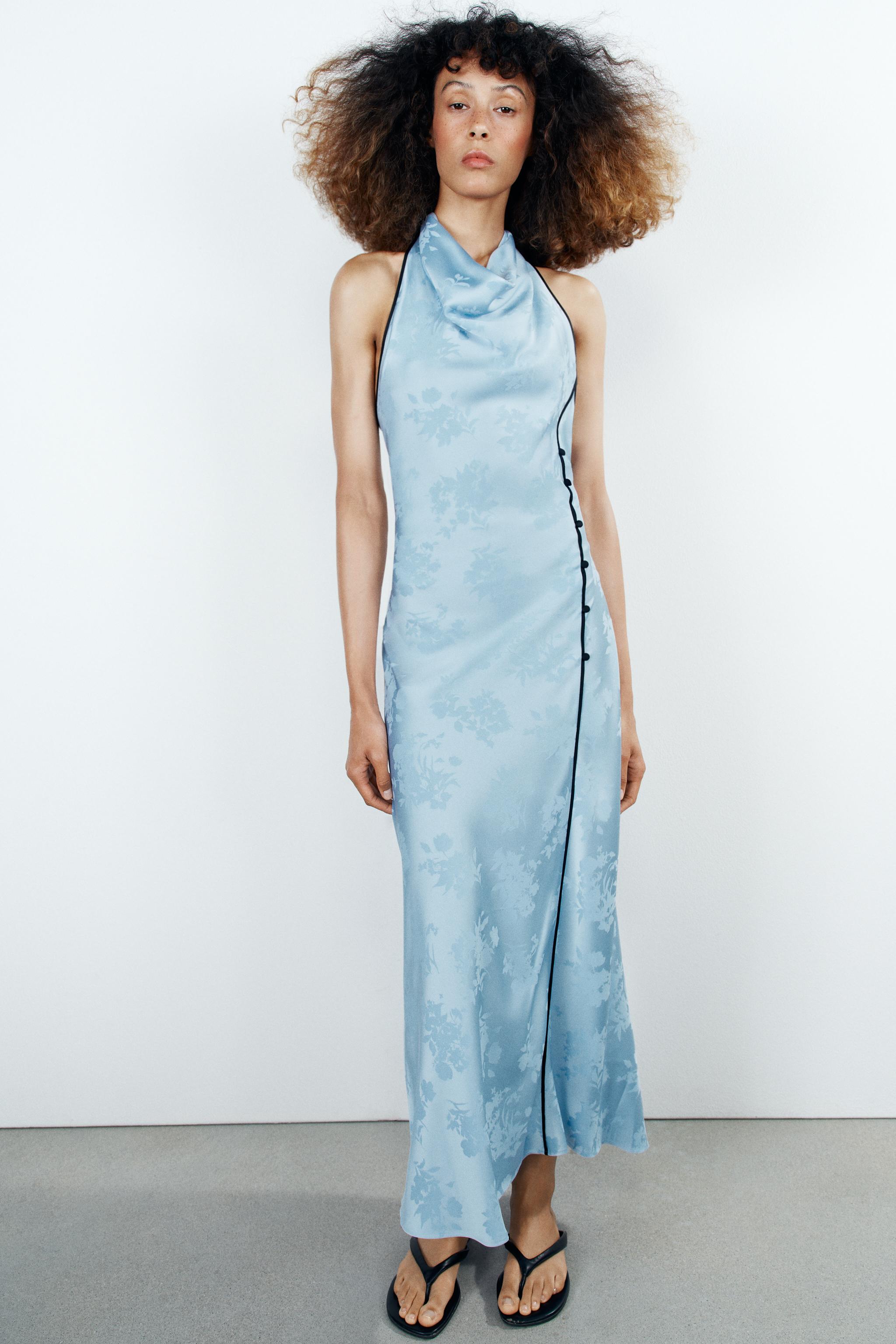Floral Jacquard Midi Dress - Sky Blue - Xs