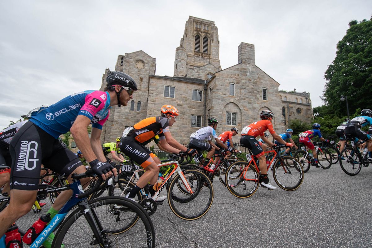 The mens field hits a steep climb during the Winston-Salem Cycling Classic