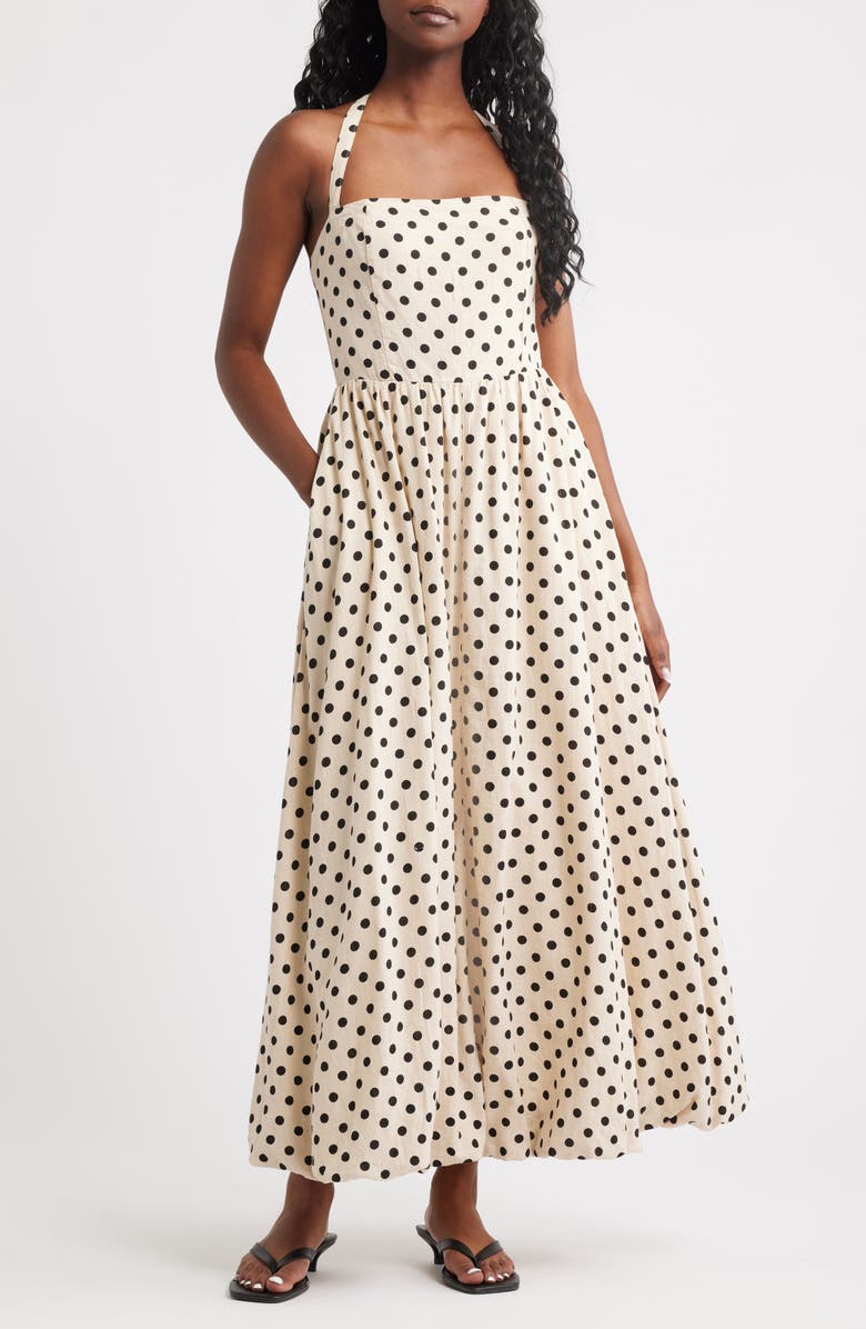 Spotty Halter Neck Linen Blend Fit & Flare Dress
