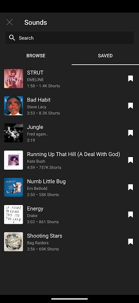 YouTube's new "Sounds from Shorts" playlist displaying several songs for later use.