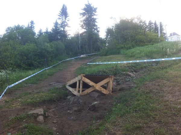 A jump high up on the downhill course