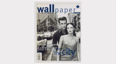 Black and white cover of wallpaper magazine showing a man and woman on streets of new york